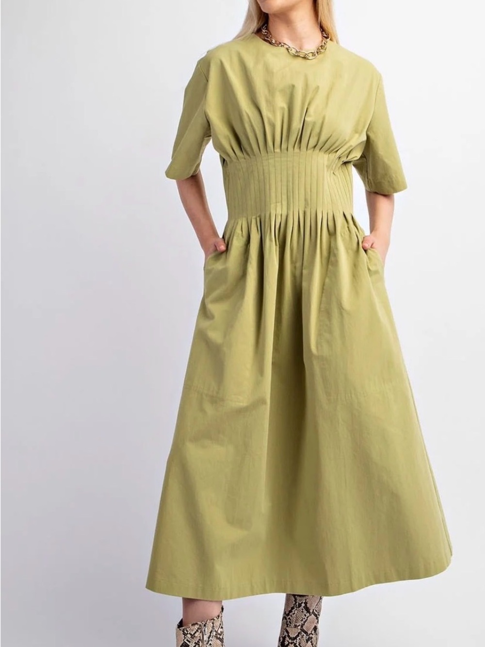 Smocked Pintuck Waist Midi Dress in Olive Green - Picture 2 of 8